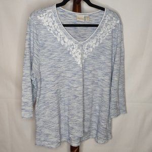 Chico's women's size 2 top multicolor print v-neck  3/4 sleeves embroidered
